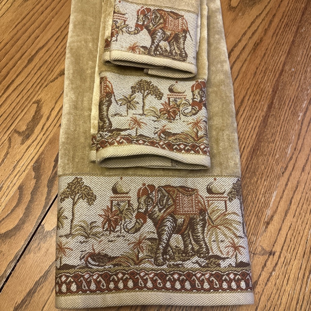 Vintage Hampton Manor Towel Set Taja Elephant‎ Safari Rattan 100% Cotton NWT